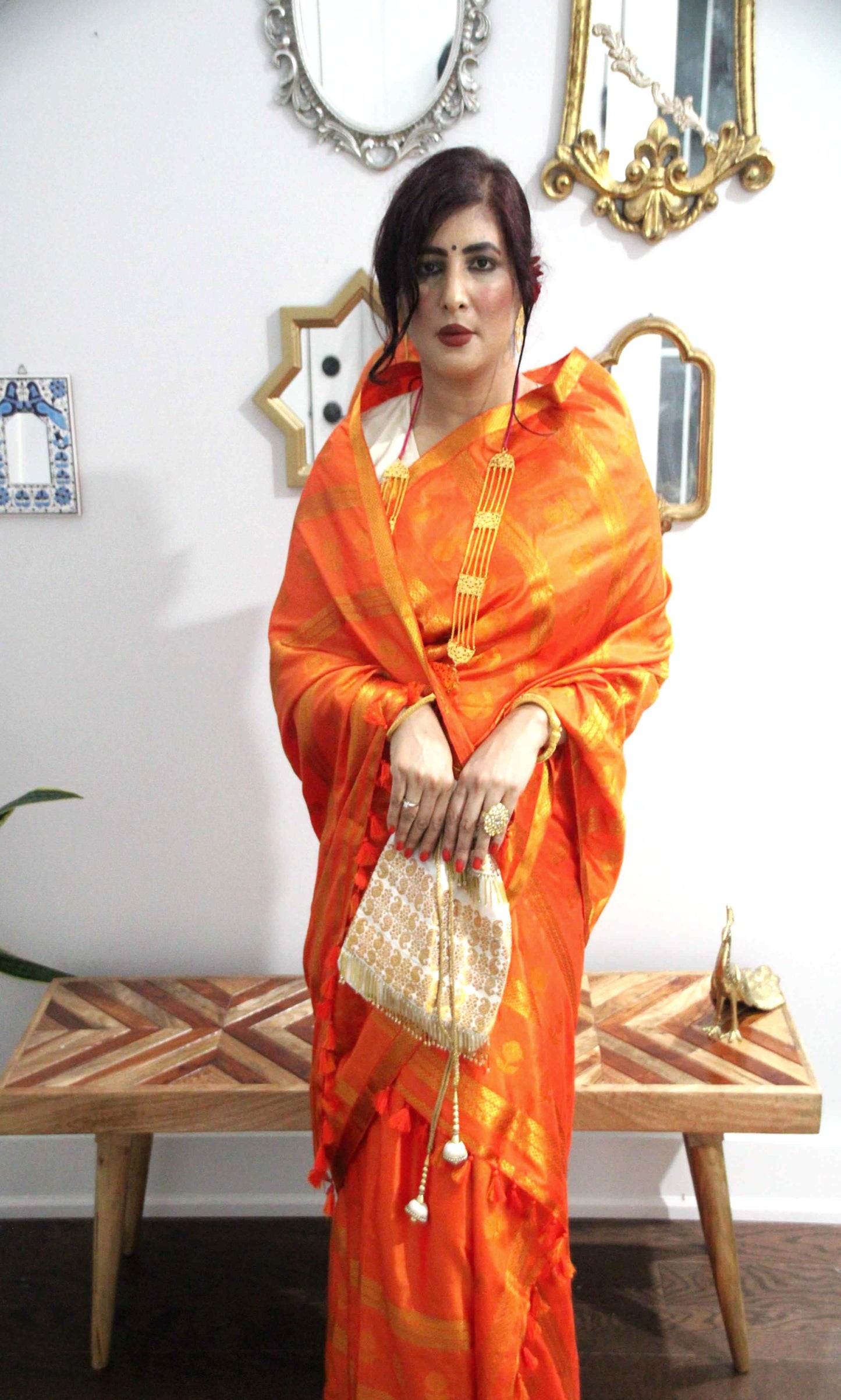 Orange and Gold Assam Silk Mekhela Chadar in flower and striped motifs