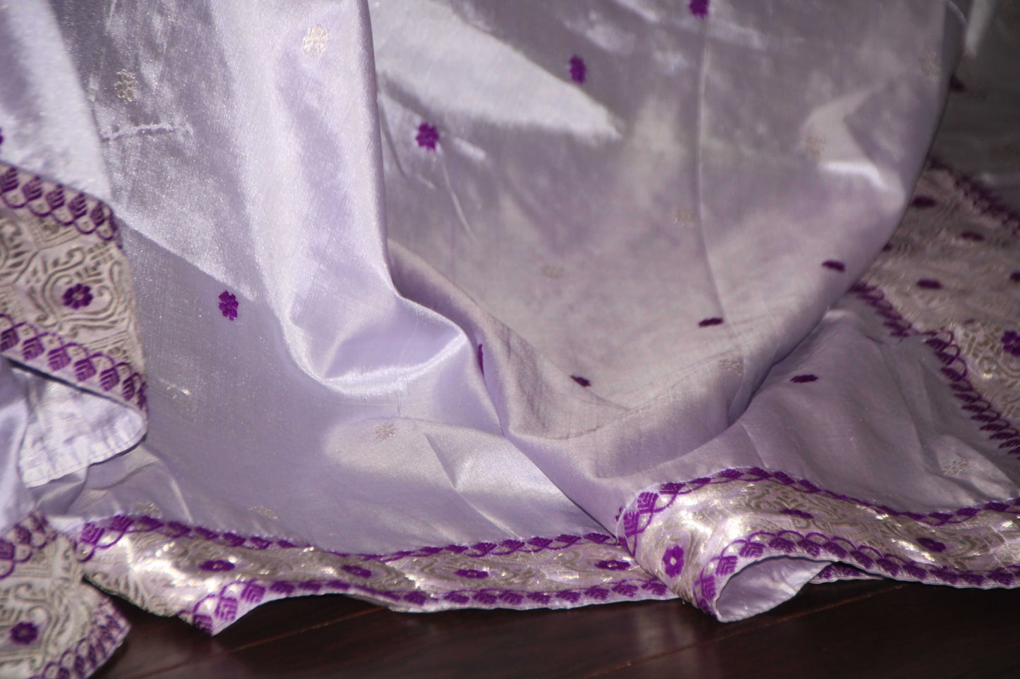 Lavender Assam Silk saree in silver and purple boarder and doted motifs all over