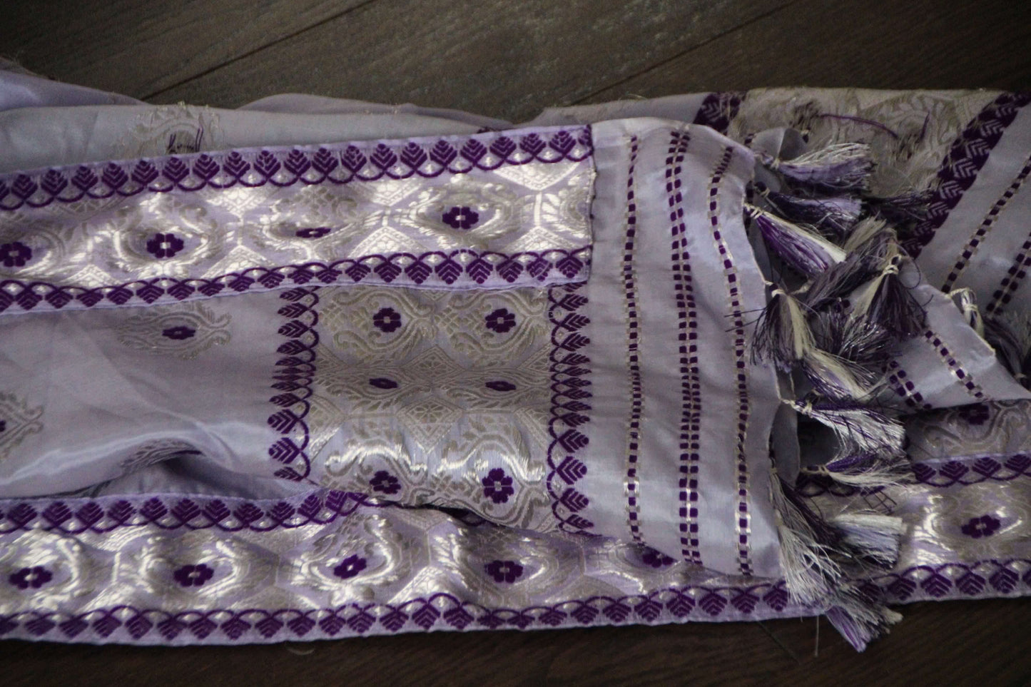 Lavender Assam Silk saree in silver and purple boarder and doted motifs all over