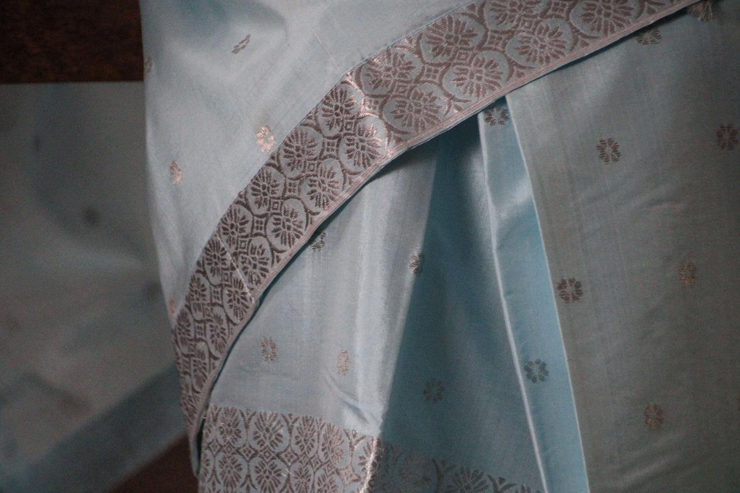 Assam Silk powder Blue Silver work Mekhela Chadar
