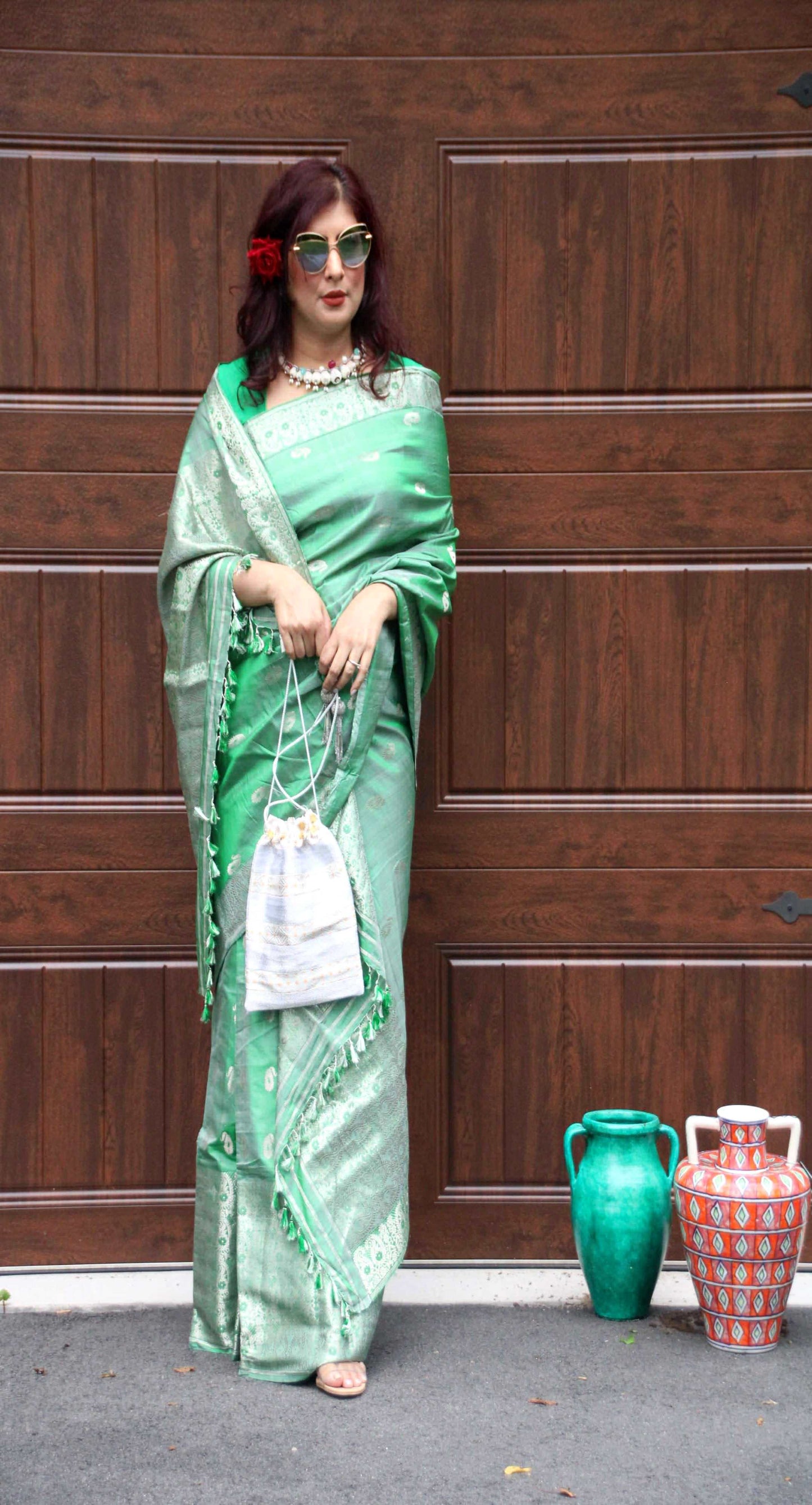 Metallic green Assam silk Mekhela chadar