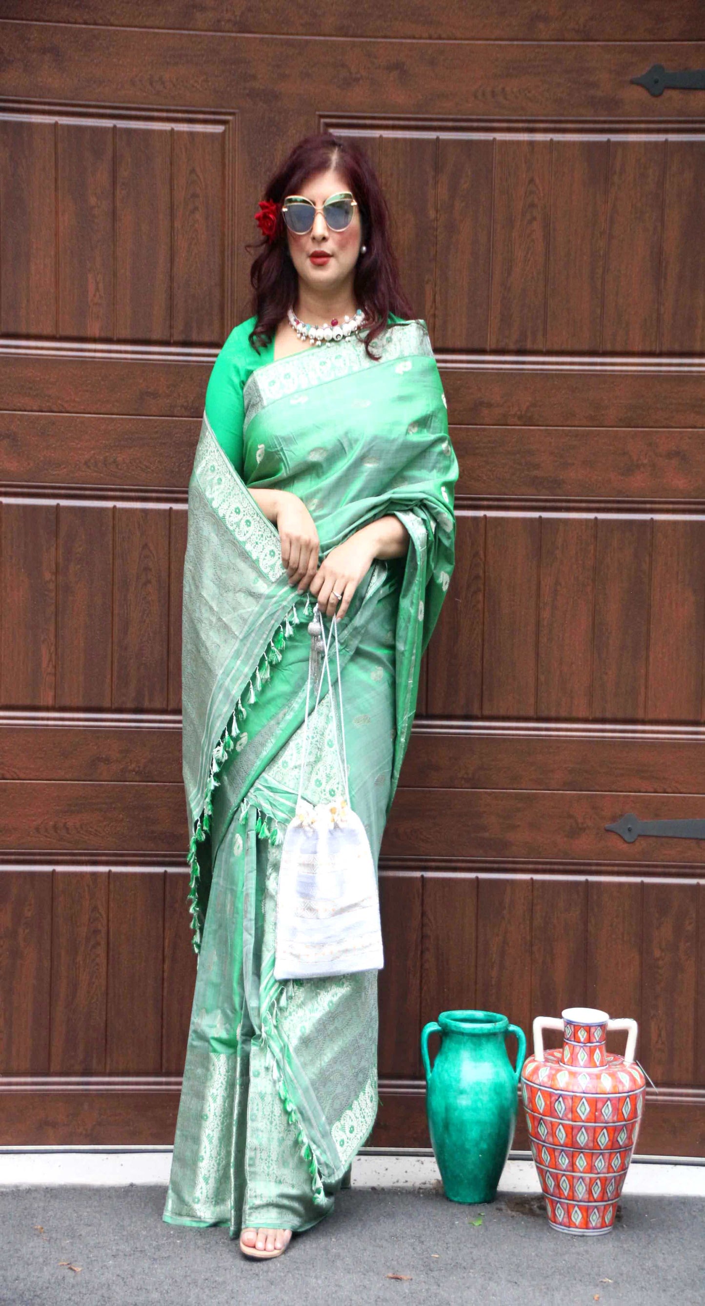 Metallic green Assam silk Mekhela chadar